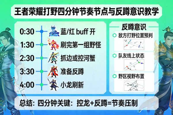 王者荣耀打野四分钟节奏节点与反蹲意识教学示意图