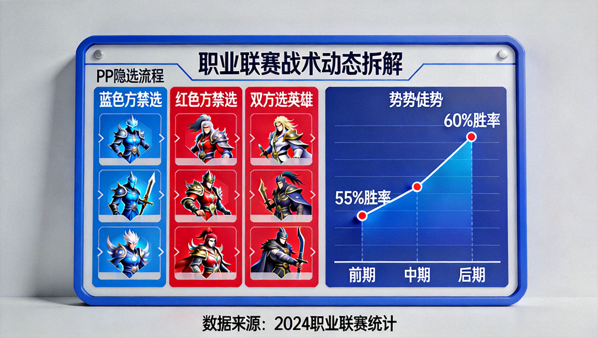 职业联赛战术动态拆解沙盘示意图，展示BP禁选流程与局势胜率走势